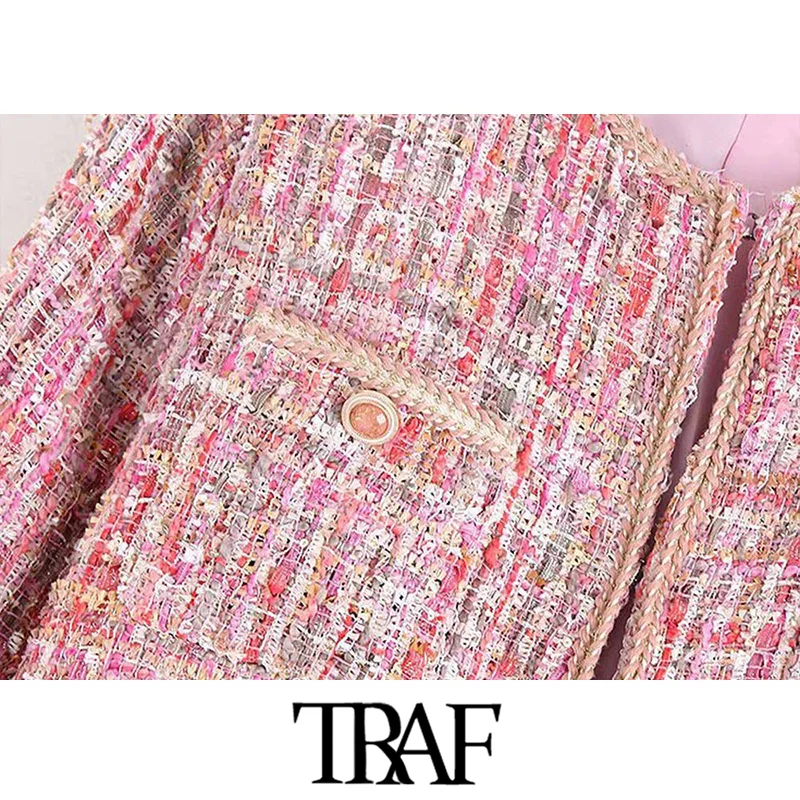 TRAF, Женская винтажная стильная твидовая куртка с карманами и пуговицами, модное пальто с круглым вырезом и длинным рукавом, Милая женская верхняя одежда, шикарные топы