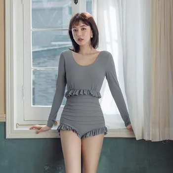 

One Piece Swimsuit Woman Swimwear With Push Up Beachwear Women 2019 Solid Color Sexy Lace Long Sleeve Thin Polyester Sierra