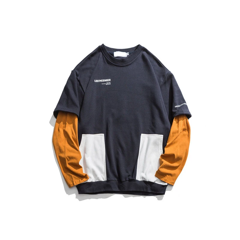

Japanese Harajuku Color Block Fake Two Piece Sweatshirt for Men and Women Letter Printed Streetwear Hip Hop Crewneck Sweatshirts