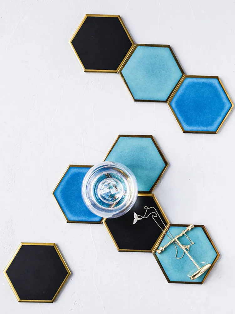 Креативные цветные керамические накладки с золотым ободом шестигранные Необычные черные и зеленые Кружки Кофейные чашки стол изоляции coaster