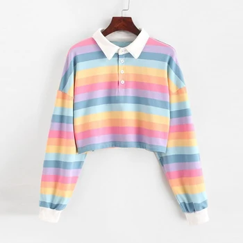 QRWR 2020 Polo Shirt Women Sweatshirt Long Sleeve Rainbow Color Ladies Hoodies With Button Striped