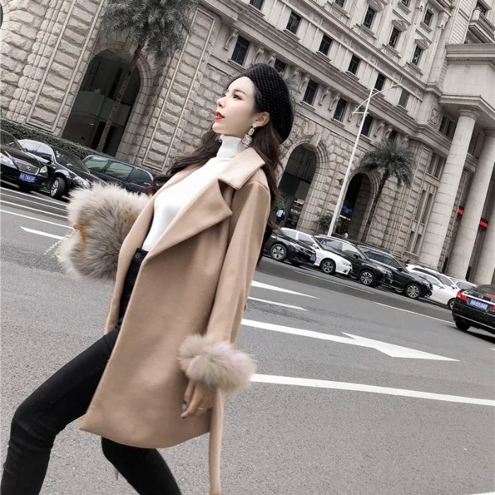 

Elegant Versitile Fashion Korean-style Fold-down Collar Lace-up Waist Hugging Slimming Deconstructable mao xiu Mid-length Woolen