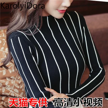 

Striped Turtleneck Pullover Women 2020 Spring New Thick Sweater Red Korean Ladies Office Knitted Sweater Black Top Pull Femme