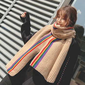 

New Seven Rainbow Stripe Knitted Wool Scarf for Female Students