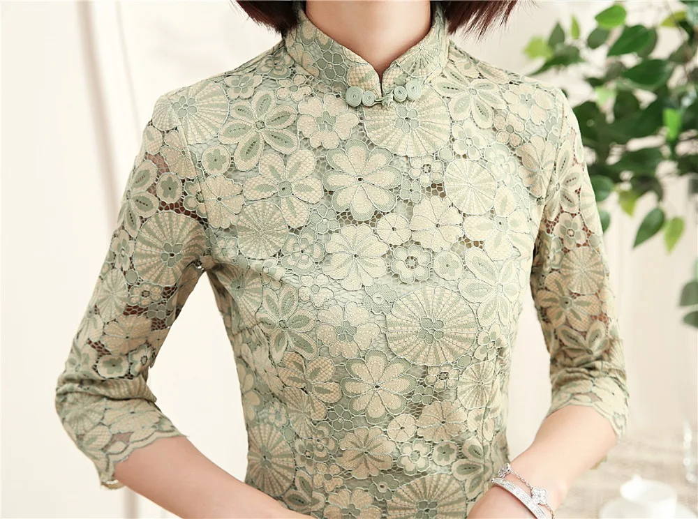 Шанхай история Половина рукава до колена cheongsam платье кружева Ципао китайское платье китайский стиль платье для женщин 2 цвета