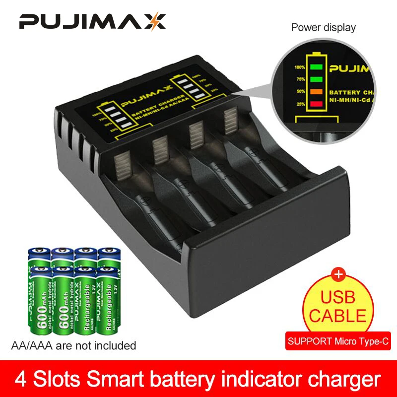 PUJIMAX 4 Slots Electric Battery Charger Intelligent Fast LED Indicator USB Charger For AA/AAA Ni-MH/Ni-Cd Rechargeable Battery