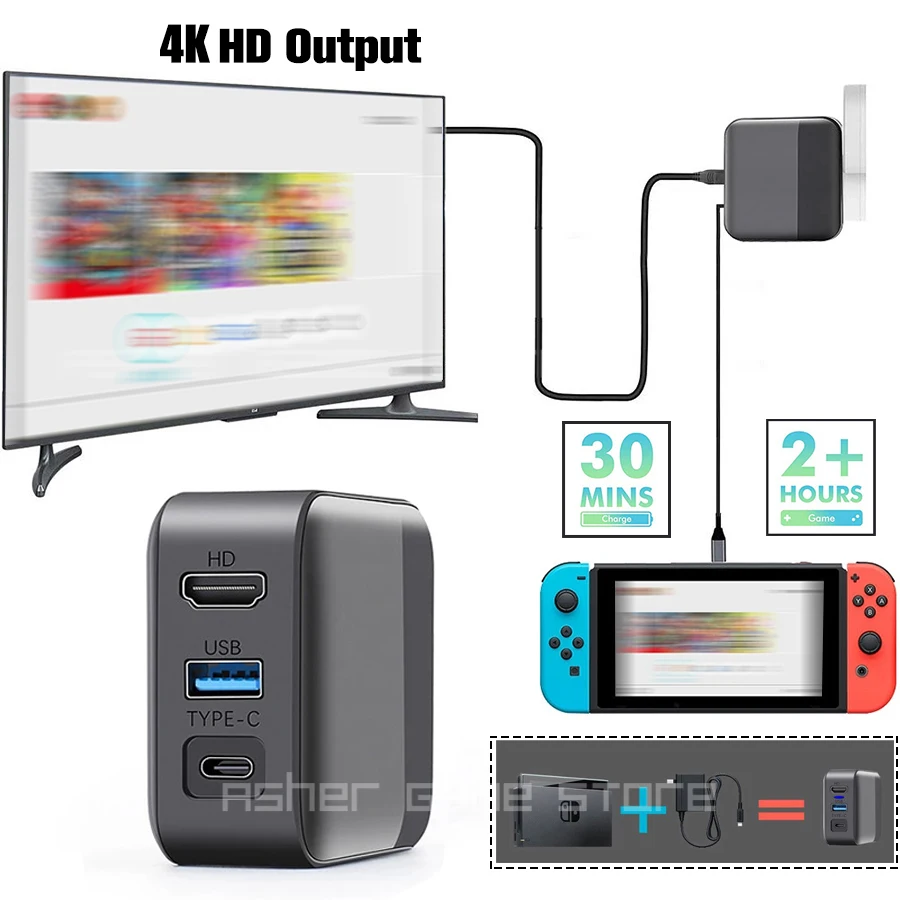 NS AC Adapter Charger TV Convert Dock 4K HD Output USB 3.0 Fast Charging for Nintendoswitch Nintendo Switch Console Accessories |