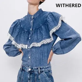 

Withered england vintage ruffles lace denim blouse women blusas mujer de moda 2019 kimono shirt womens tops and blouse plus size