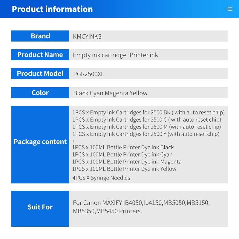 Kmcyinks-cartuchos de Tinta Recarregáveis para Canon Recarga Tinta Corante Compatível com Maxify Mb5150 Mb5450 Ib4150 Pgi2500 Pgi2500 400ml - Imagem 4