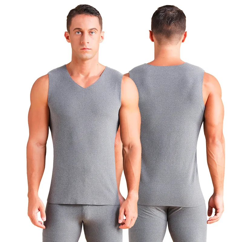 

Autumn Winter Fleece Men Thermal Underwear Tops Vest Comfortable V Neck Sleeveless Thermo T Shirt Fitness Seemless Undershirt