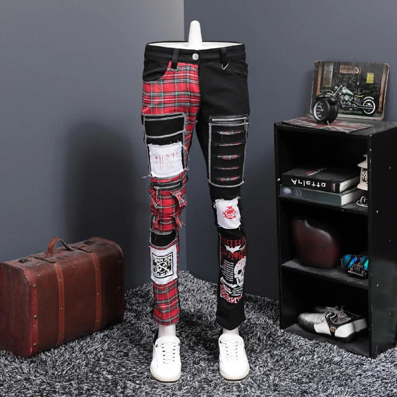 

Europe Station Autumn And Winter New Pattern Black Split Joint Holes Patch Jeans Male Beggar Personality PUNK Long Pants Trend
