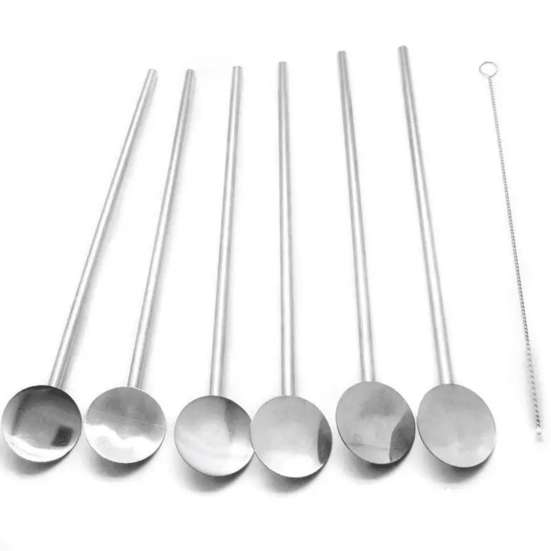 

Fine Stainless Steel Reusable Spoon Drink Straw Set Long Spoons / Stirrer Flatware for Your Home 6PCS Value Set With Free Cleane