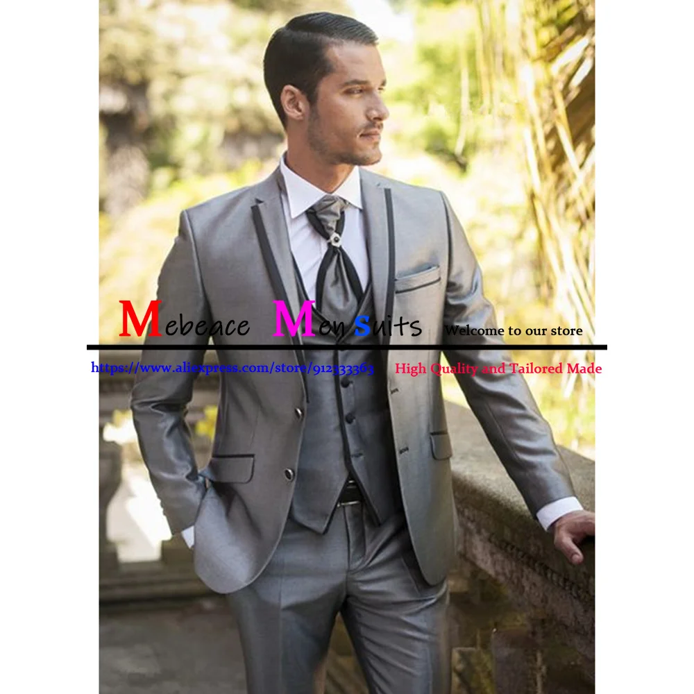 coat suit for men Classic 3 Pieces Slim Fit Men's Suit Groom Tuxedos Notch Lapel Blazer Shiny Gray Groomsman Prom Costume Homme Jacket Pants+Vest áo khoác blazer