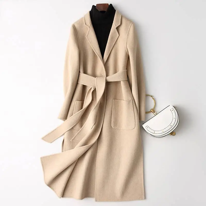 

2019 New Autumn Winter Fashion Women Casual Cashmere Belt Wool Blend X-Long Coats Female Slim Warm Thick Woolen Jacket Mujer J49