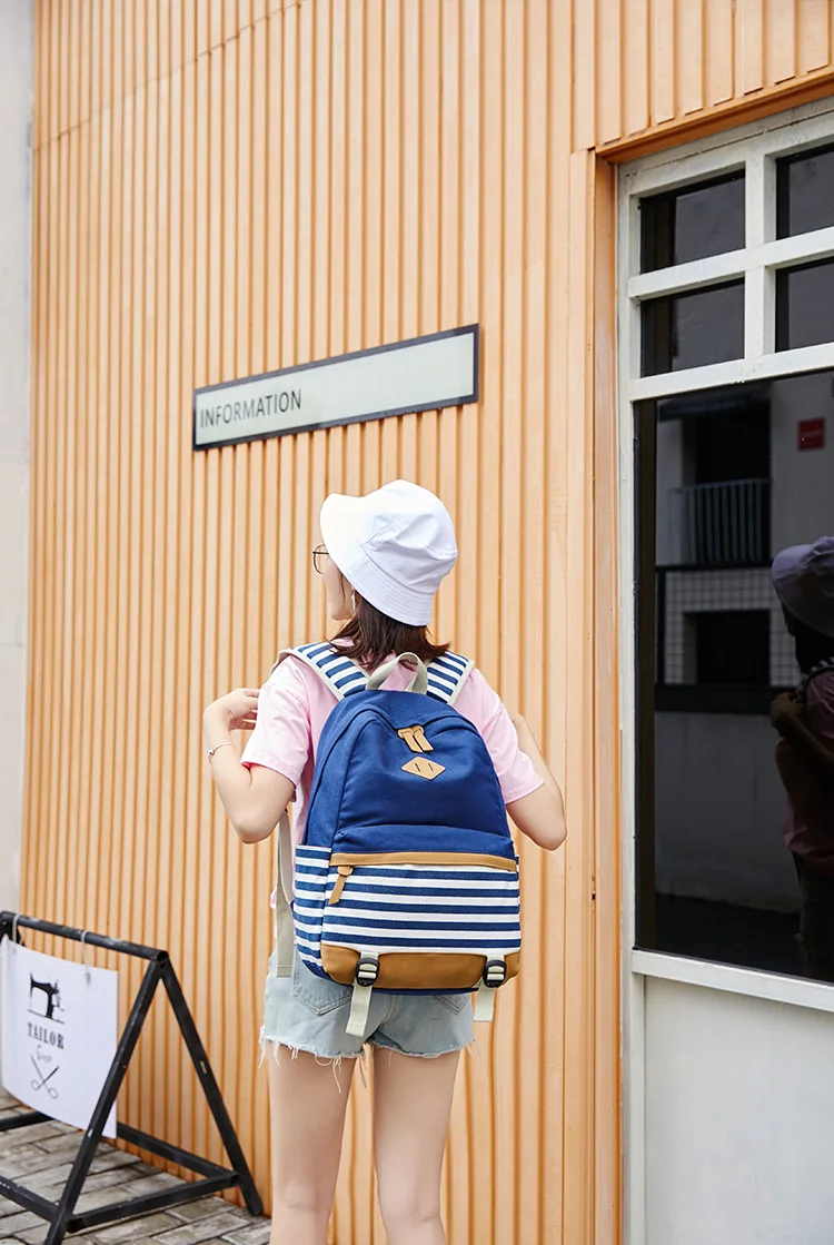 The New Three-piece Large-capacity Striped Backpack Casual Student Bag