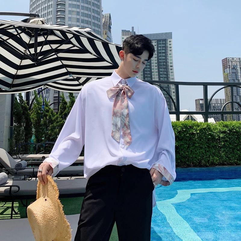 

Men Party Dress Shirts Vintage Tie Bow Collar Loose Long Sleeve Casual Shirt Male Women Streetwear Fashion Stage Show Costumes