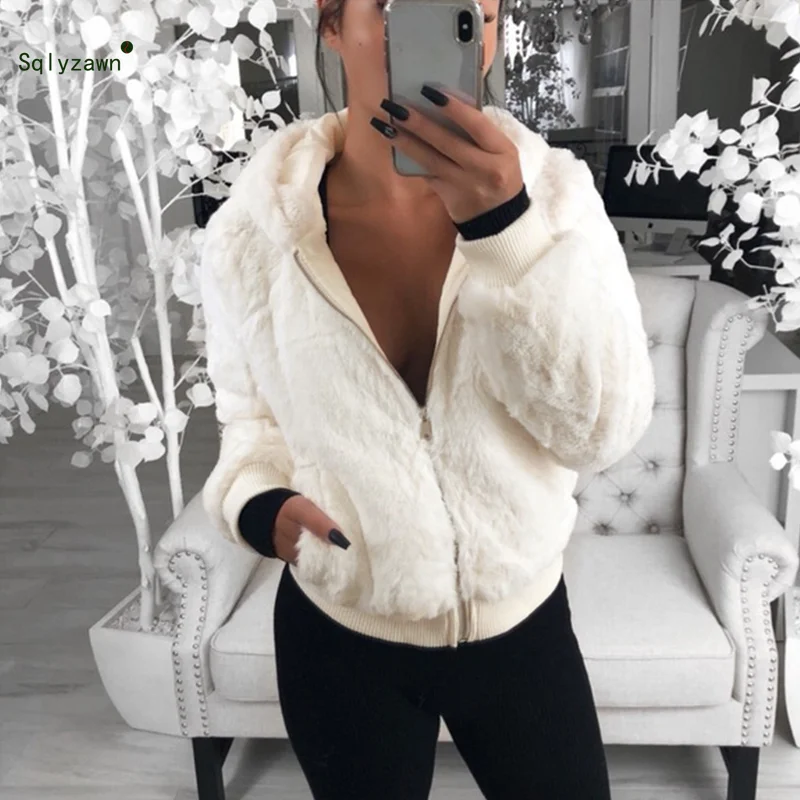 Autumn Winter Women Warm Faux Fur Hooded Velvet Bomber Jacket Female Red Black Fleece Teddy Coat Ladies Fluff Clothes Plus Size