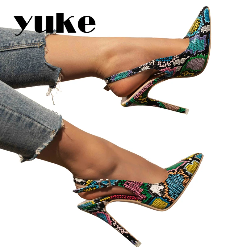 YUKE-zapatos de tacón de pitón fino para mujer, calzado moderno y cómodo, hecho a mano, con correa de hebilla, punta estrecha