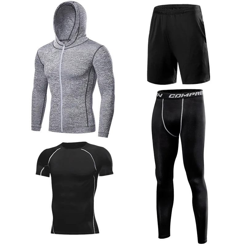 Весенний и осенний мужской костюм для фитнеса, набор из четырех частей, быстросохнущие колготки с длинным рукавом, спортивный костюм для баскетбола - Цвет: Серый
