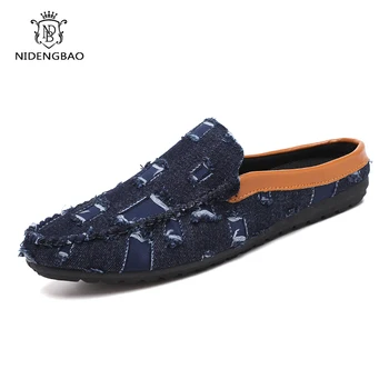 

Summer Half Shoes Men Loafers Moccasins Breathable Fashion Slip on Driving Shoe Broken Cloth Design Men Slides Zapatillas Hombre