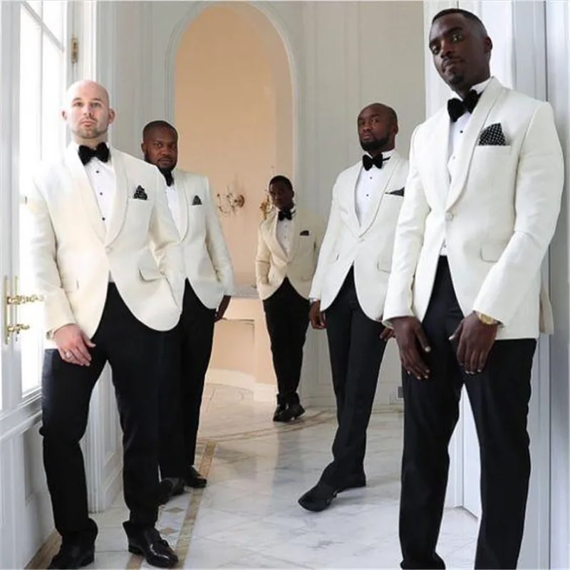

2020 Two Piece Men Suits Groom Tuxedos Wedding Suits Groomsmen Best Man For Man Prom Suits Black Pants White Coat (Jacket+Pants)