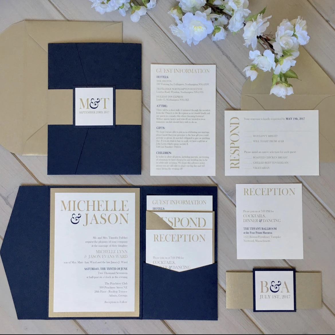 Navy and Gold pocket wedding invitation，Monogram and Elegant wedding invitation，50/100pcs
