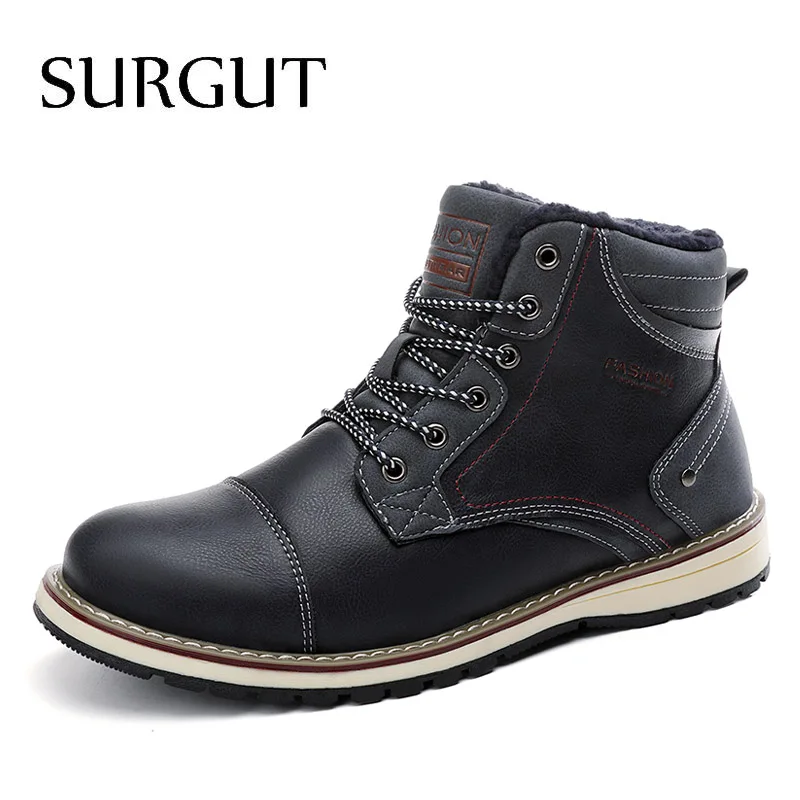 02 Dark Blue SURGUT/Новинка года; зимние теплые мужские ботинки на меху; кожаные водонепроницаемые зимние ботинки; обувь для пустыни; удобные мотоциклетные ботильоны - Цвет: 02 Dark Blue