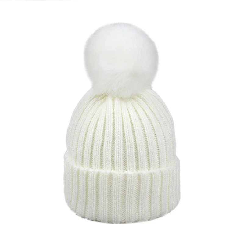 I Детская шапка, женские шапки, вязаные шапки Skullies, шапка с помпоном из искусственного меха, белая, осенняя, зимняя, теплая, чистый цвет, высокое качество - Цвет: I