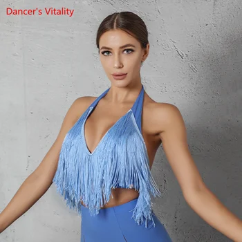 

Latin Dance Clothes Female Adult Sexy Tassel Hanging Neck Top With Chest Pad New Performance Practice Clothing Summer