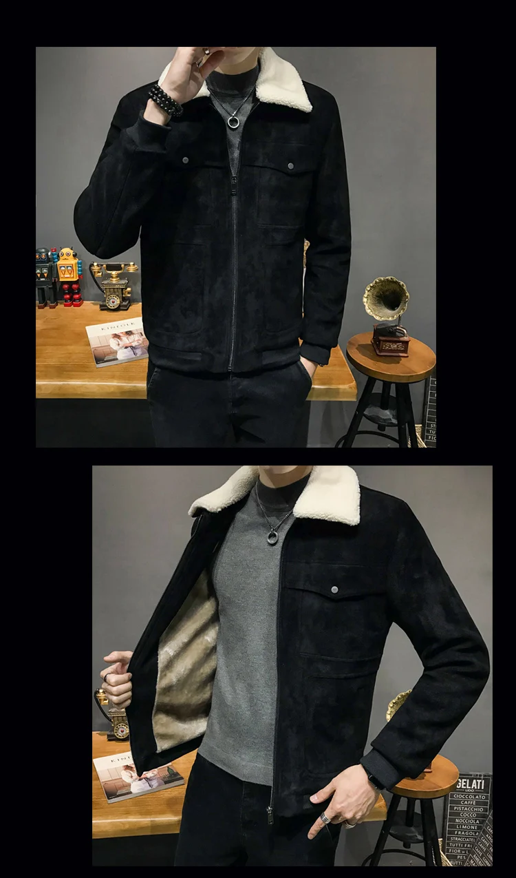Г. nueva chaqueta de cuero de ante forrada de algodón para invierno con capucha cuello de abrigos de piel sinttetica Hombre Abr