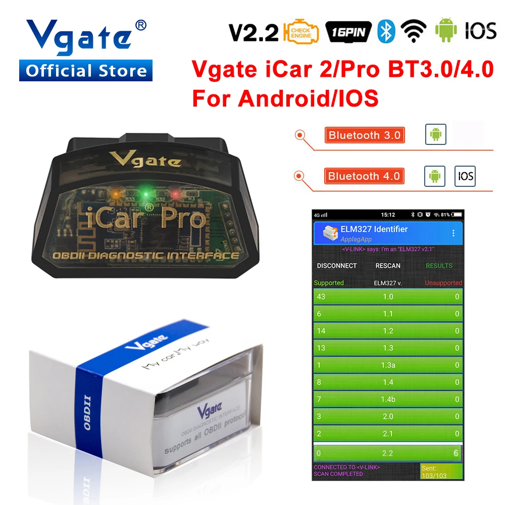 Vgate ELM327 v2.2 iCar Pro obd2 Bluetooth 4 0 для Android/IOS OBD 2 iCar2 автомобильный диагностический сканер