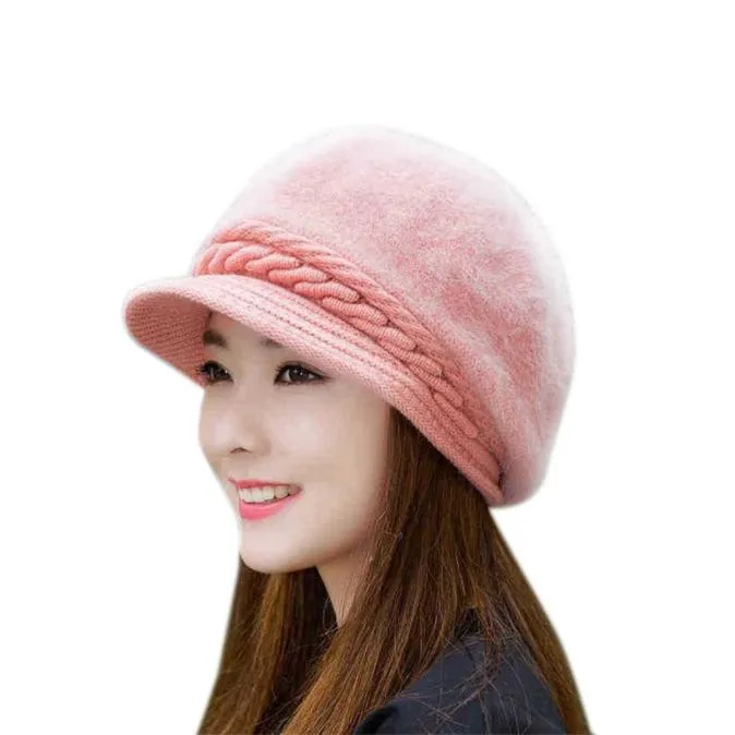 Розовый Женская шапка из кроличьего меха, зимняя теплая шапка Skullies Beanies, женские элегантные одноцветные вязаные шапки# T5P - Цвет: Розовый