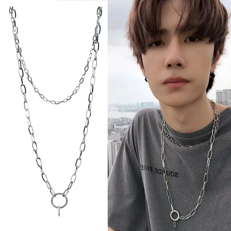 

Wang Yibo Celebrity Style Necklace Cool Hip Hop Creative Double Layer Chain Cool Simple INS Men And Women Disco Dancing Necklace