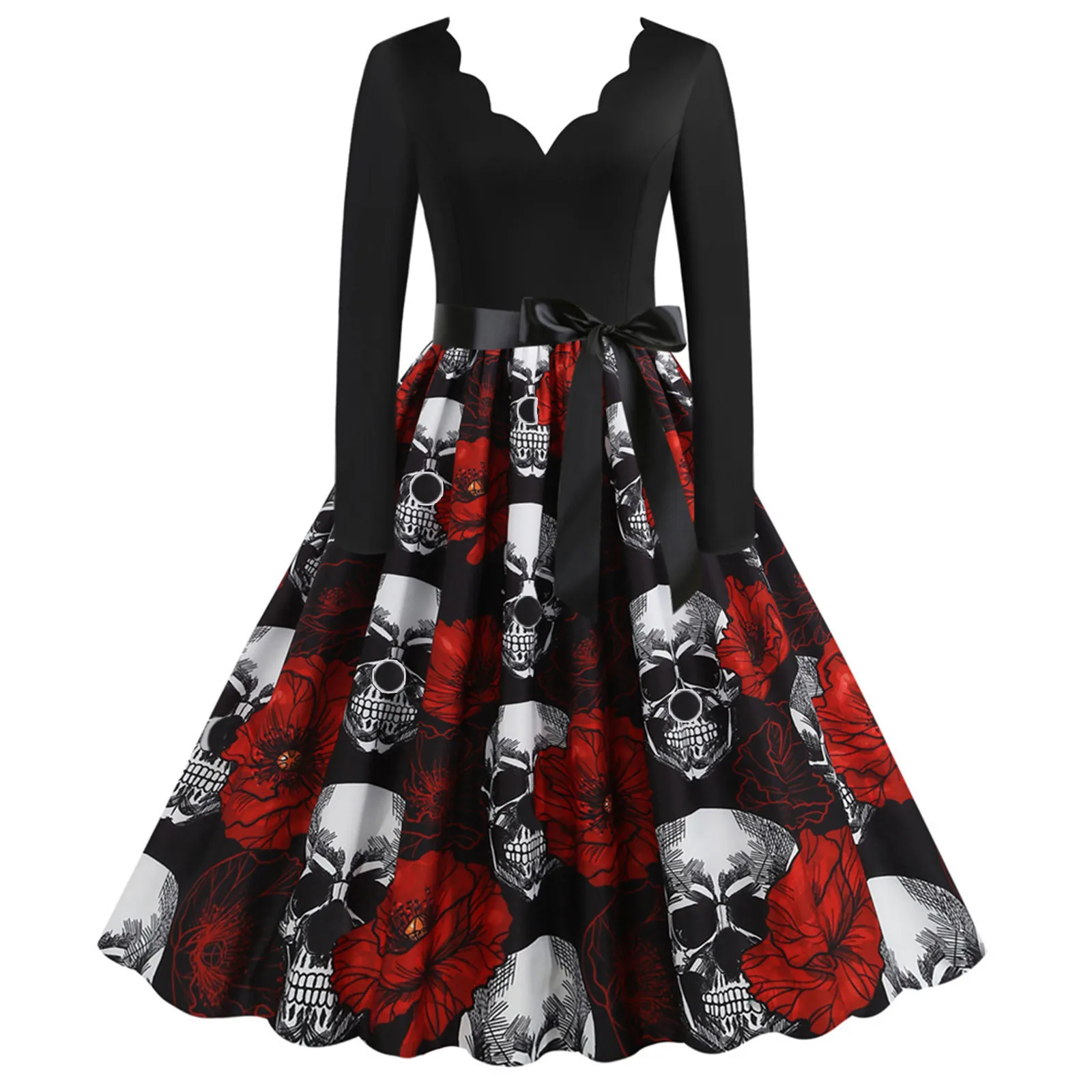 Skull Print Halloween Costumes For Women Long Sleeve 1950s Housewife Evening Party Prom Dress Elegant Scary Cosplay Costumes
