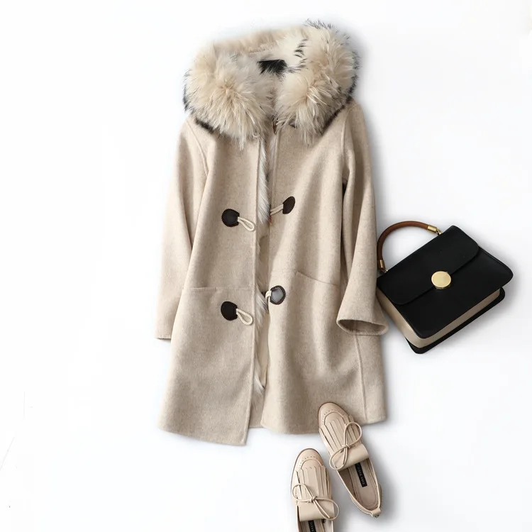 19 зима стиль decontructable Лисий меховой воротник шерсть Duffle Coat Parka Women's Toggle? Пальто меховая одежда
