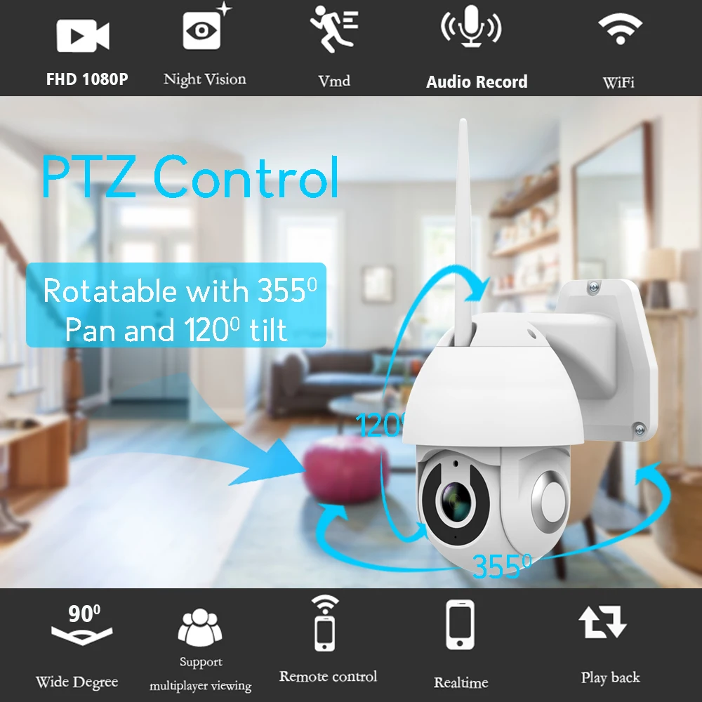 Security Dome Camera 1080P Waterproof Smart Wireless Camera PTZ 360 Motion Sensor Outdoor Dome Camera with TF card slot APP V380