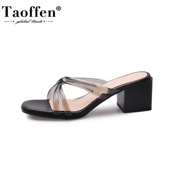 

Taoffen Women Sandals Shoes Fashion Square High Heels Slippers Ladies' Modern Solid Shoes Women Slip On Footwear Size 34-39