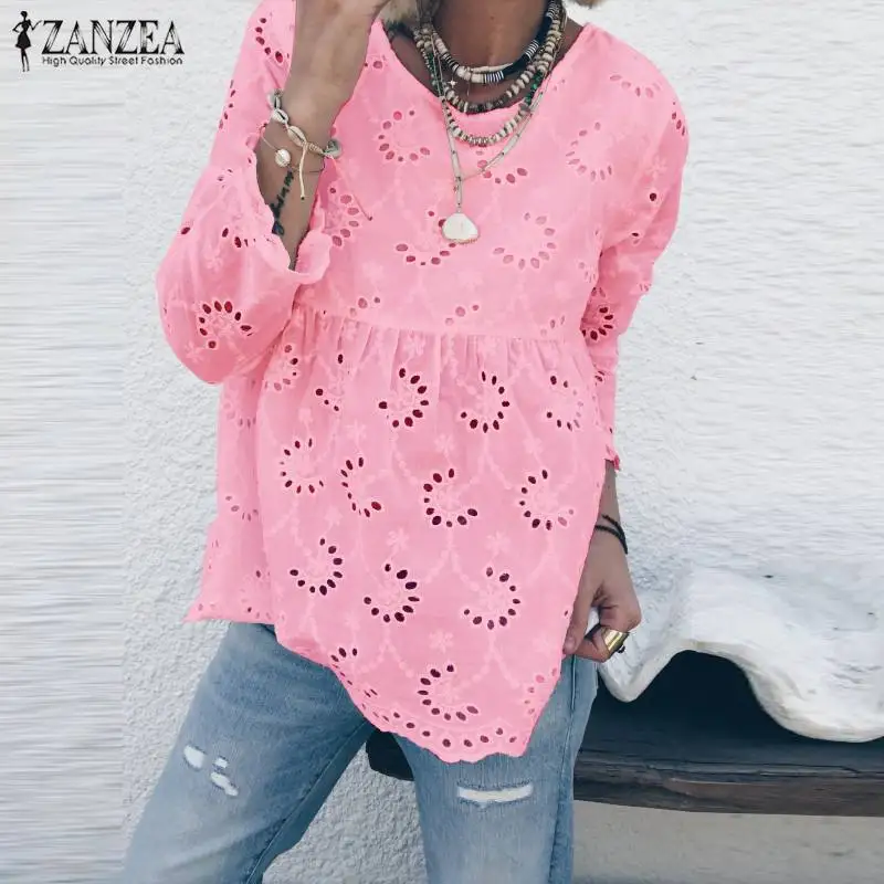 ZANZEA Плюс Размер Женская блузка с вырезом Осень 3/4 рукав сплошная кружевная юбка женская задняя кнопка вниз Blusas Femininas Топ