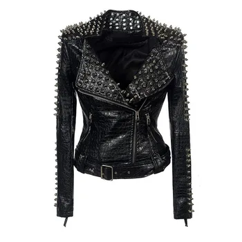 

Women Black Motorcycle Faux PU Leather Jacket Flag Streetwear Zipper Rivet Fashion Blogger Punk Jackets Woman Coats Outwear