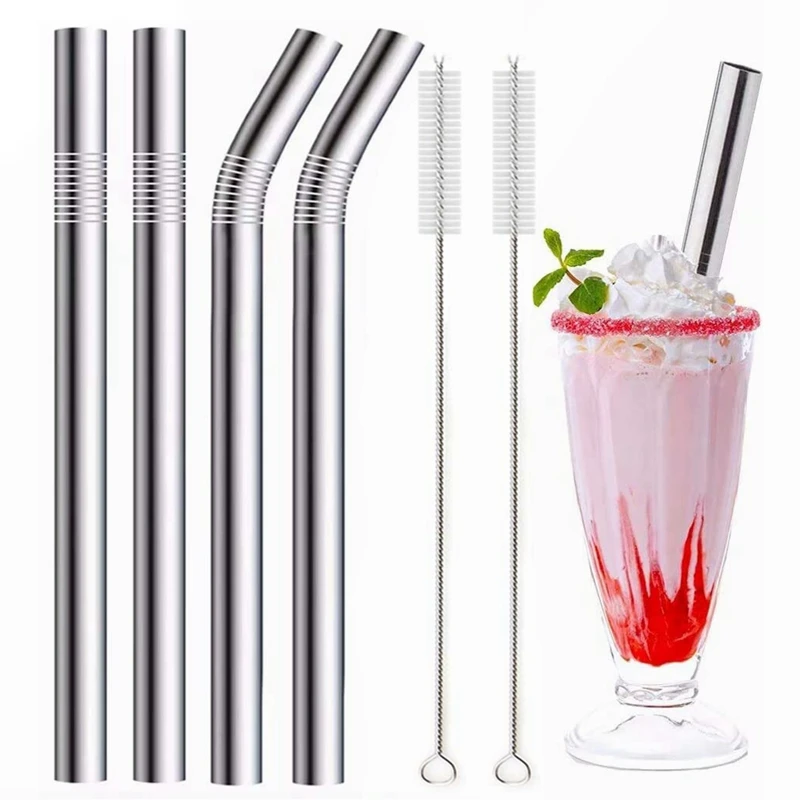 4pcs Colorful 12mm Reusable Metal Boba Straws With 2 Brush 304