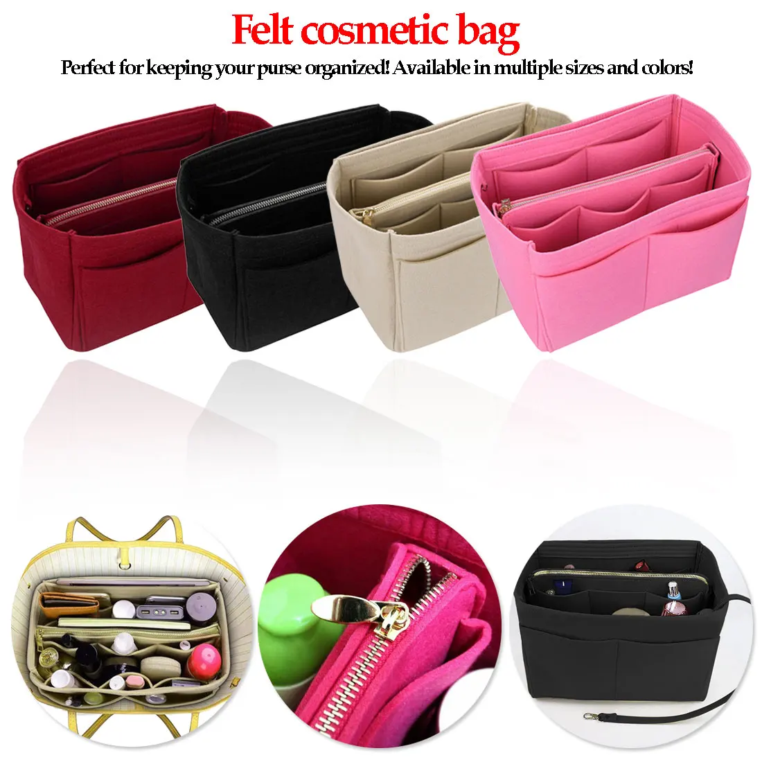 Makeup Case Travel Toiletry Kit Handbags Organizer 100% Felt Bag Organizer Insert Make Up Bag Cosmetic Cases travel organizer