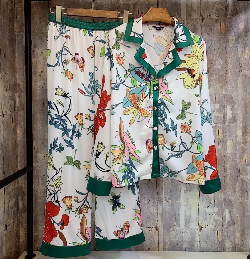 

New Spring Autumn Women's Pyjamas Loose Long Sleeve Silk Satin Sleepwear Two Piece Pants Set Female Printed Nightwear Night Suit