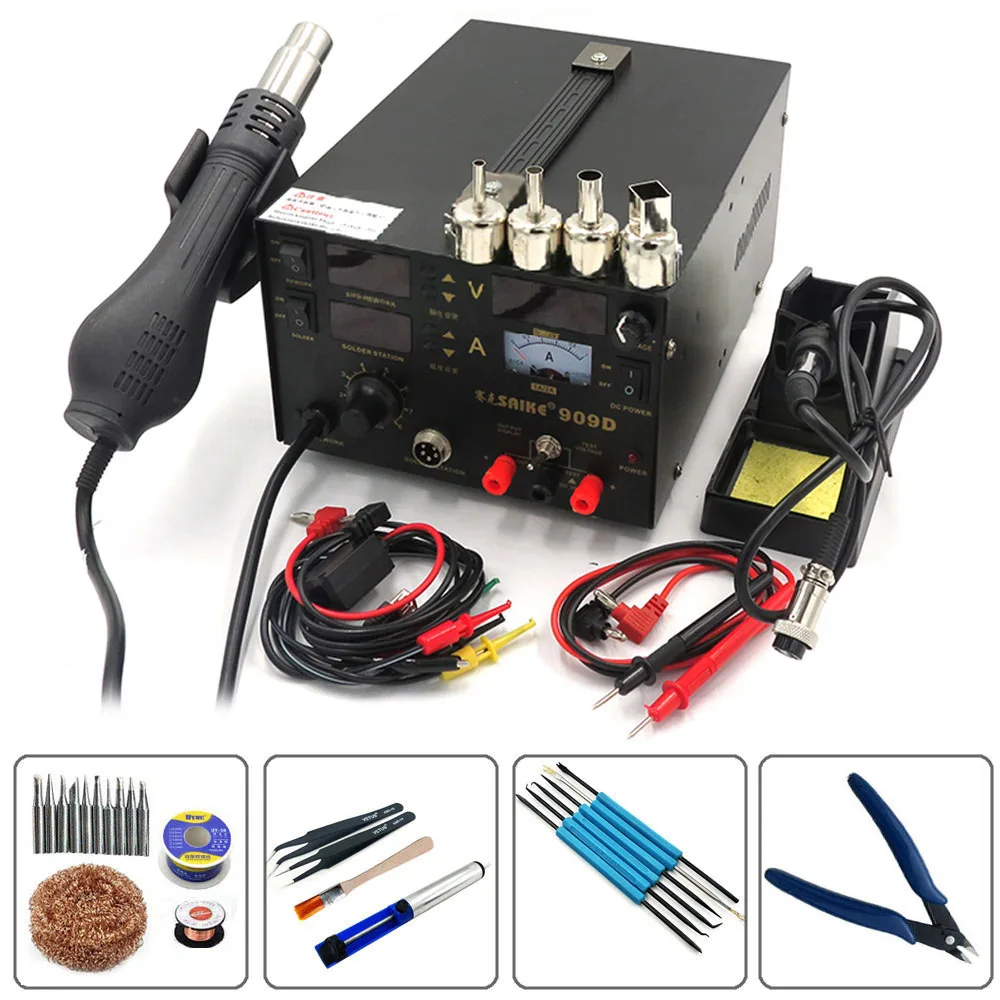 Package 1 3в1 SAIKE 909D тепловые пистолеты паяльная станция для распайки питания постоянного тока многофункциональная паяльная станция - Color: Package 1