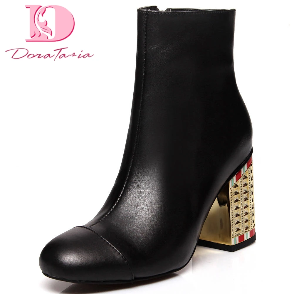 

Doratasia New Fashion Top Quality Cow Leather Chunky High Heels Ankle Boots Woman Shoes Zip Up INS Shoes Women Boots