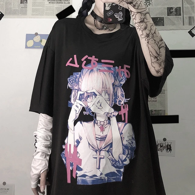 Mulheres pastel goth gráfico t camisa harajuku tshirt para senhoras kawaii  anime japonês roupas góticas preto t topo - AliExpress