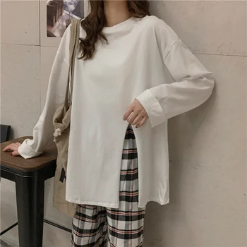 

PX2341 Lazy style loose mid-length split solid color long-sleeved T-shirt women