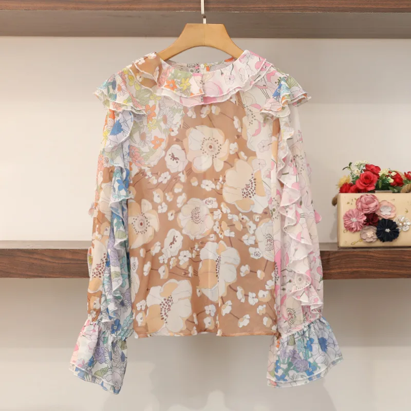 

2019 Ruffle Floral Shirt O-Neck Flare Sleeve Print Blouse Women Shirt Women