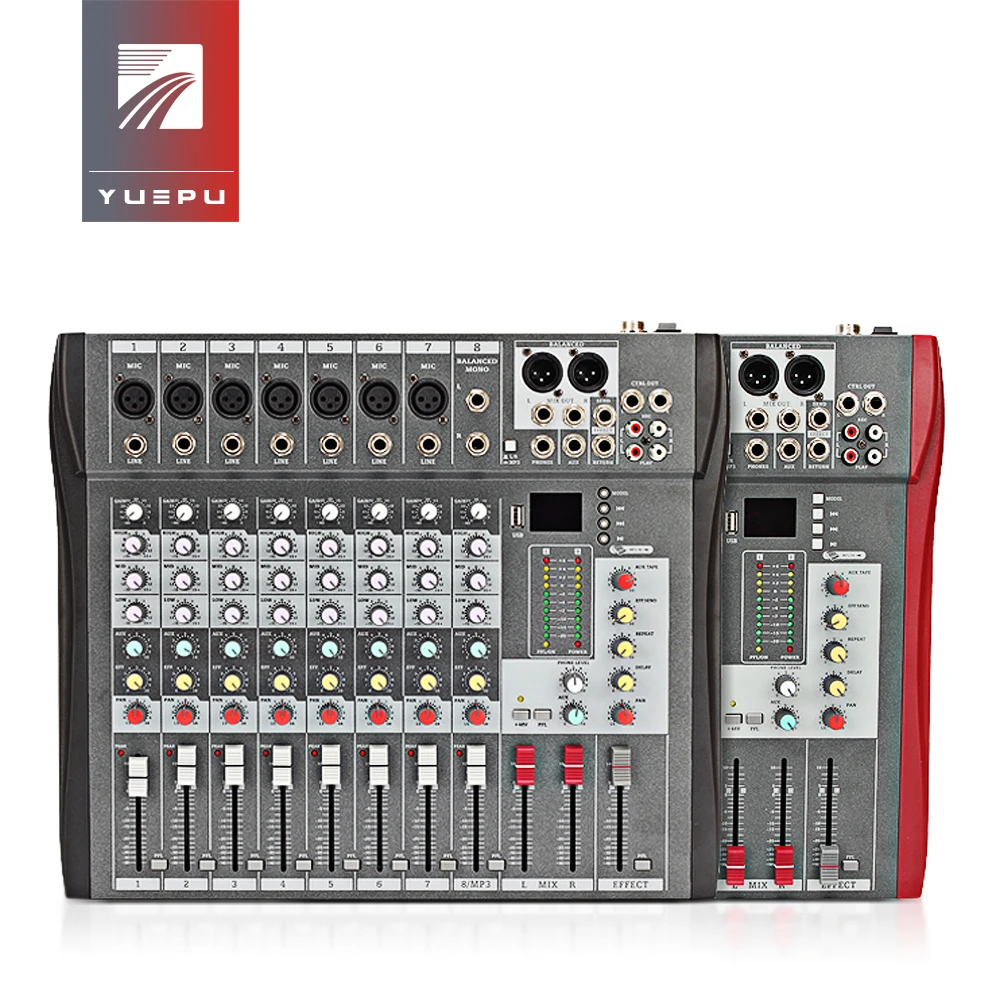 YUEPU RU-8T Professional Sound Audio Mixer 8 Channel 48V Phantom Power Reverbration Mixing Console MP3 Player USB Music For DJ