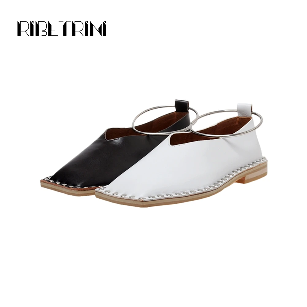 

RIBETRINI New Female Brand Design Square Toe Shoes Woman High Quality Genuine Leather Flats Women 2020 Rivet Flat Flats