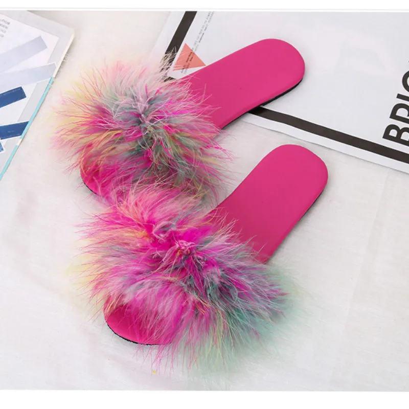 

2019 Large Size 41 42 Camouflage Turkey Fur Slippers Flat with Women Fashion Outside Slides Colorful Slip-on House Slippers